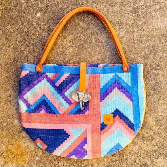 The Elephant Walk80’s Retro Handcrafted Blue & Pink Stripe Shoulder Bag
